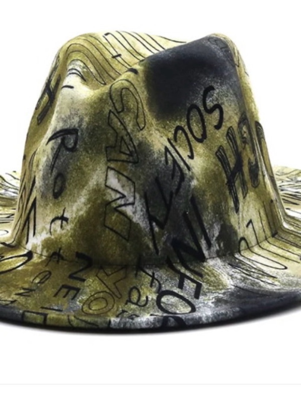 Abstract Graffiti Fedora Hat | Olive Green & Black Wide Brim Statement Hat